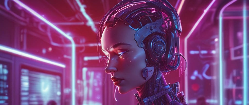 a woman in a futuristic suit with headphones and headphones