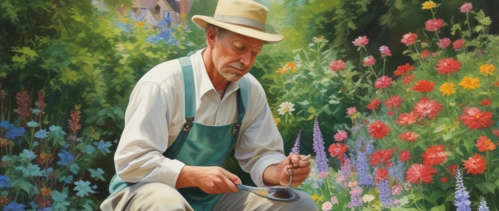 painting of man in garden painting flowers