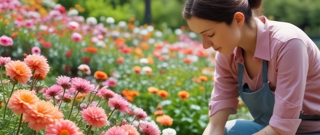 gardening woman tending to hybrid flowers
