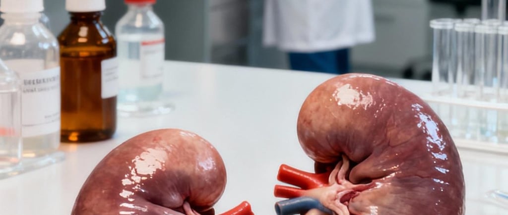 Ilustração de um laboratório com rins encima da bancada - Clearence de Àcido Úrico