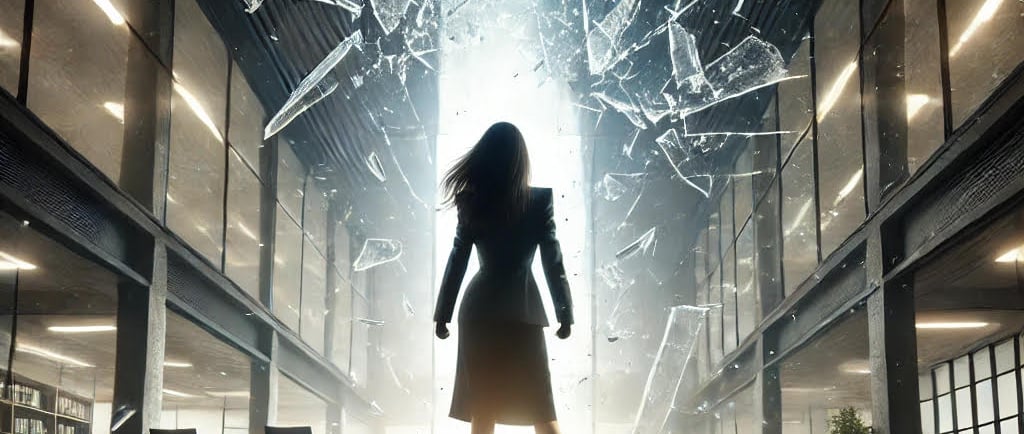a woman in a dress and coat standing in a room with broken glass