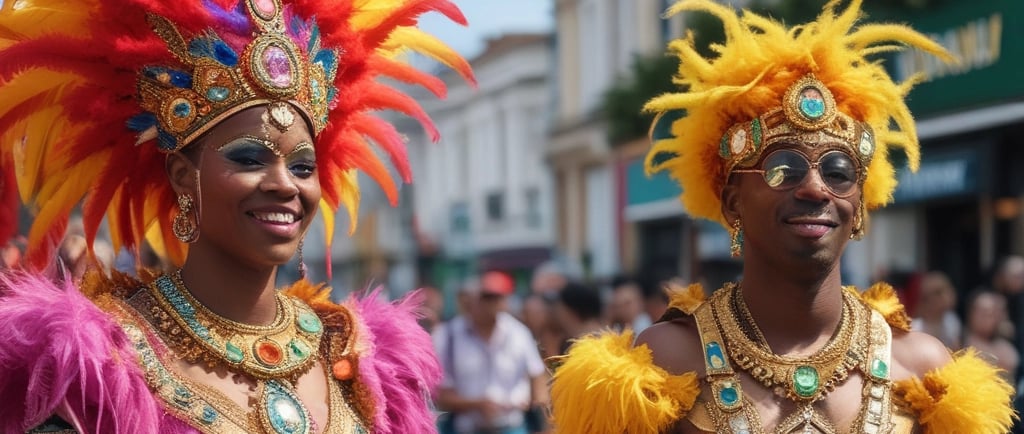 Two people in colourful carnival costumes at Notting  Hill Carnival