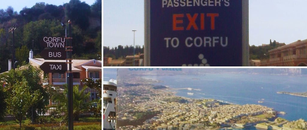Montagem com diferentes ângulos do porto de Corfu destacando o cais principal, a área de desembarque