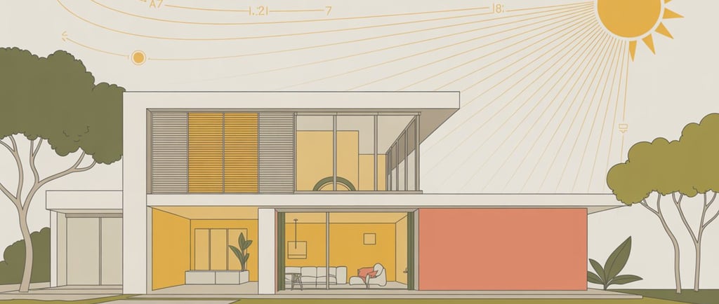 Casa moderna com linhas solares para otimizar luz natural.