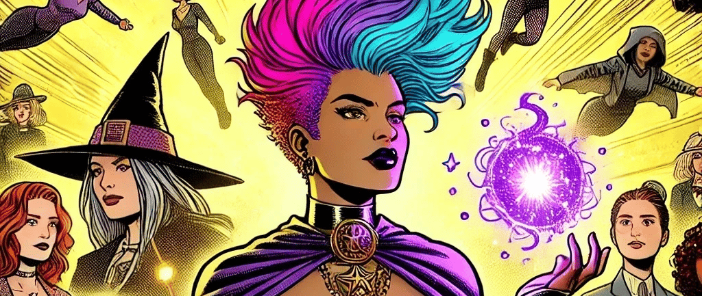 a woman in a yellow dress with a purple dress and a purple hat