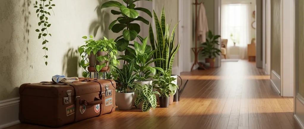 Maleta de viaje preparada junto a un grupo de plantas listas para las vacaciones.