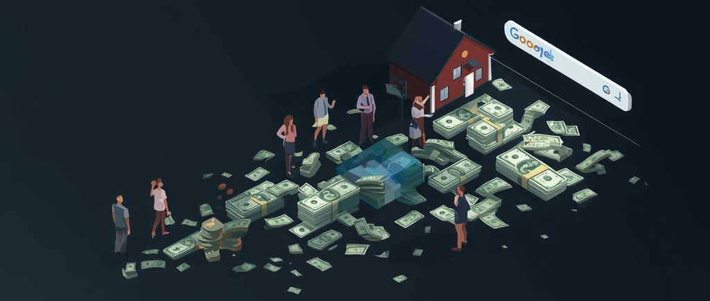 um grupo de pessoas em volta de uma casa com dinheiro