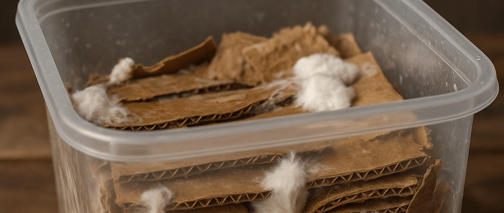 Cardboard spawn in a plastic food container with white mycelium spreading through damp cardboard lay