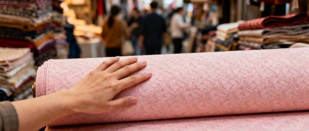 A hand inspects a new patterned jacquard fabric in a bustling material market.