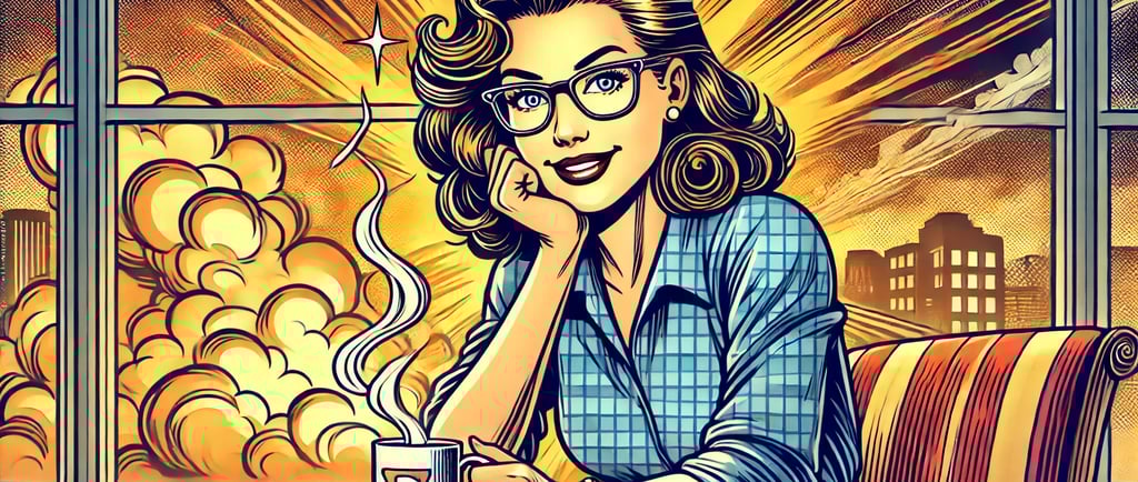 a woman sitting at a table with a cup of coffee