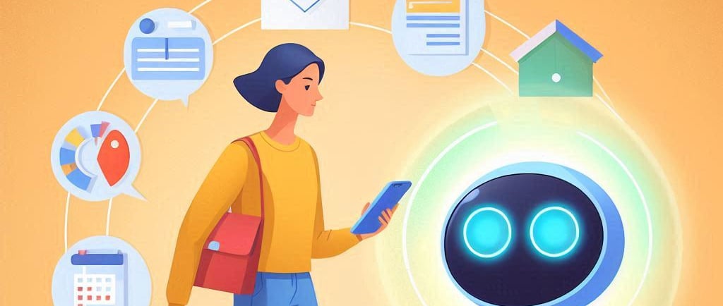 a woman is holding a cell phone and looking at a robot