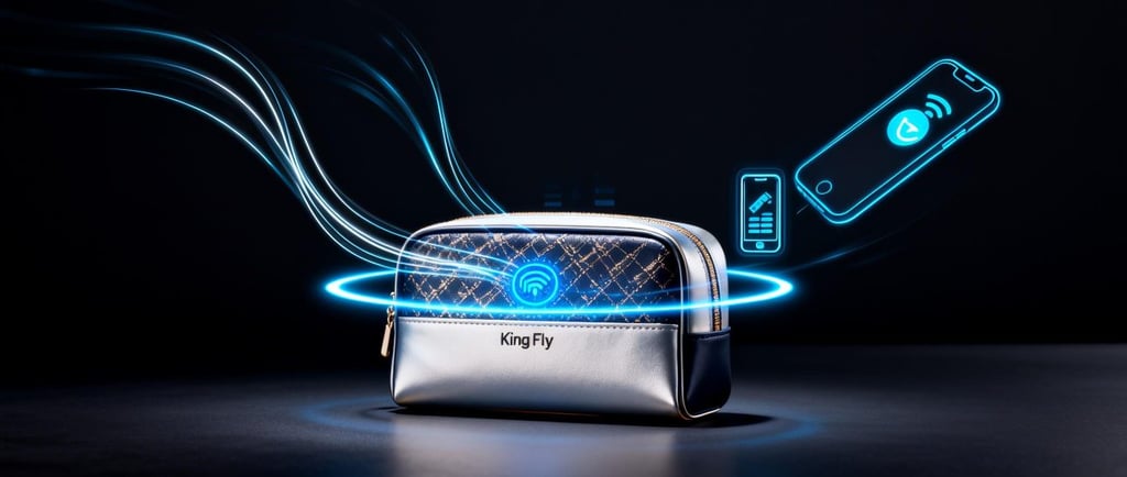 A King Fly cosmetic pouch with a glowing NFC halo, with data streams connecting to a phone icon.