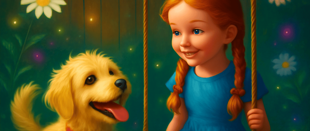 a girl sitting on a swing set with a dog