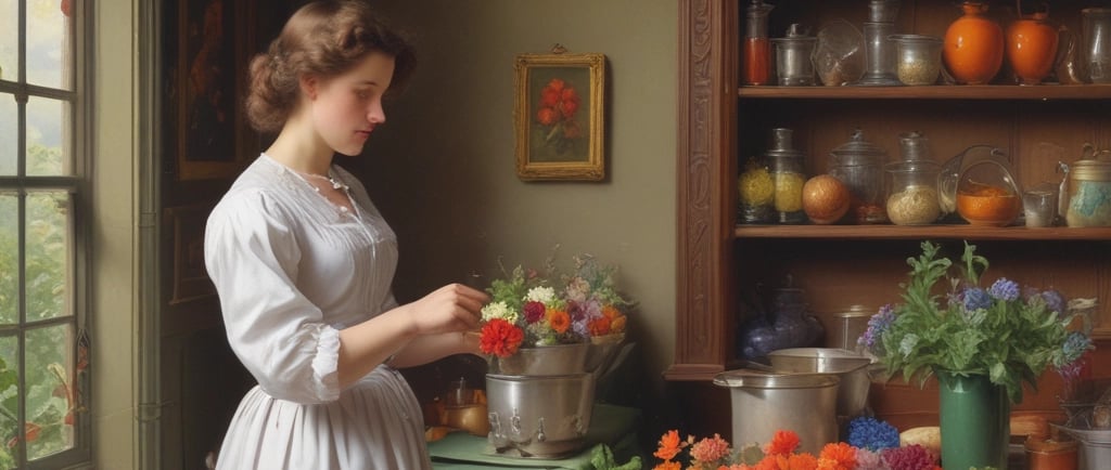 19th century woma preparing edible flowers