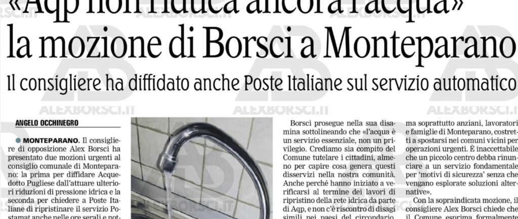 anteprima articolo gazzetta del mezzogiorno alex borsci mozioni acquedotto pugliese e postamat
