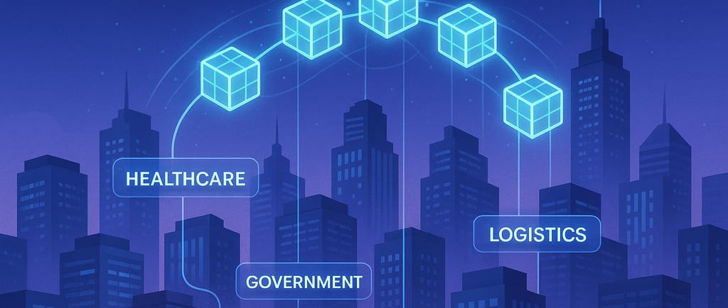 Illustration of a futuristic city with blockchain connections linking key sectors like healthcare. 