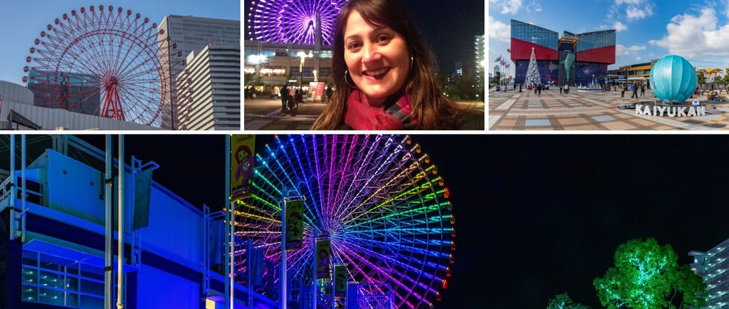 Harbour Village no porto de Osaka com a roda-gigante Kyocan visível de dia e à noite