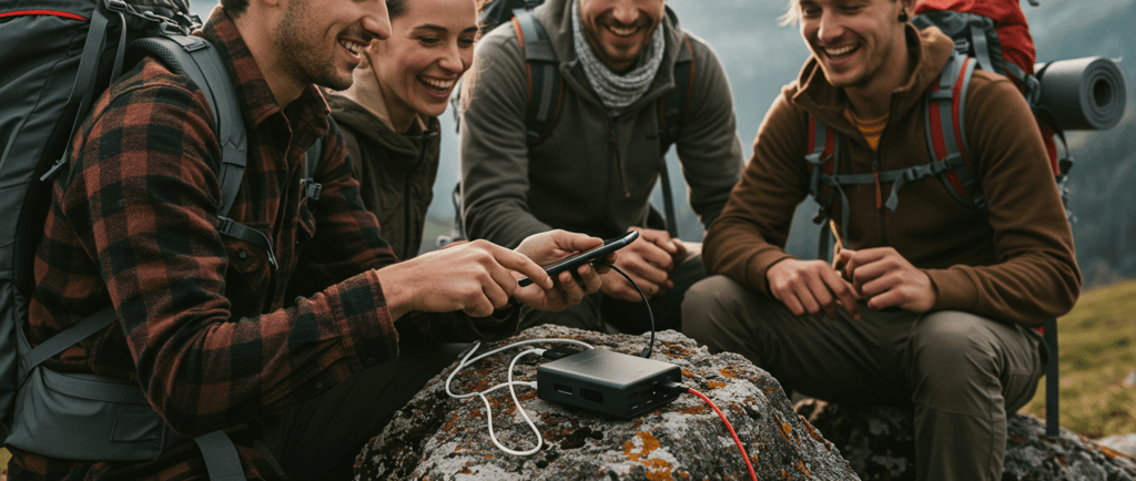 Friends using Portable power bank charger while on a hiking vacation