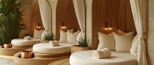 a spa room with a row of beds and a large window