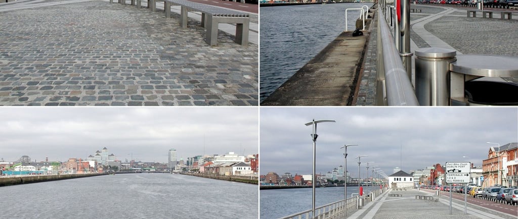 Quatro ângulos distintos do porto de Dublin, revelando detalhes da infraestrutura portuária.