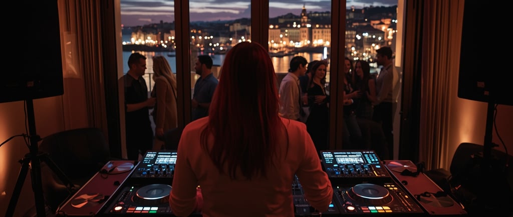 Uma DJ mixando música em uma sala com vista para a cidade.