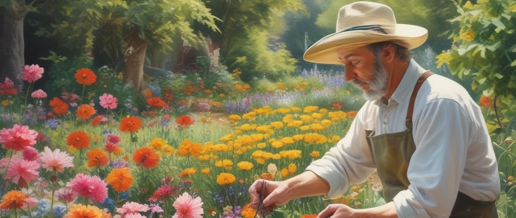 man in garden painting flowers