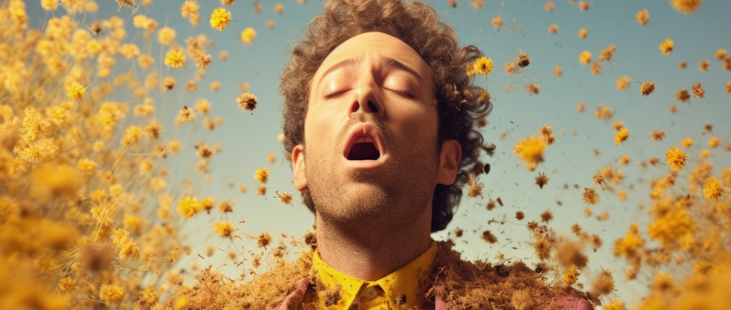 homem em meio a flores respirando de alivio
