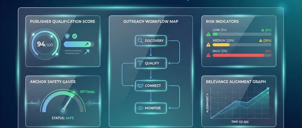 Brand-safe outreach systems dashboard showing publisher qualification score, anchor safety gauge, ri