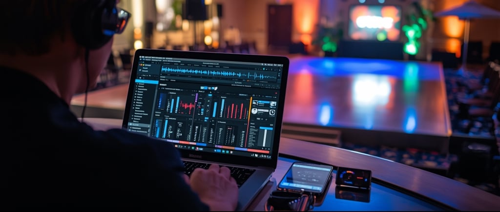 Um homem com fones de ouvido está ouvindo música em um laptop.