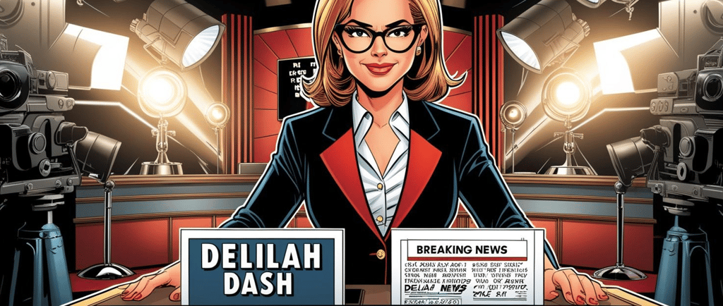 a woman in a red jacket and glasses is shown in front of a television set