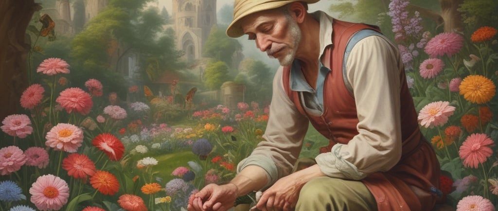 man looking down sat his flowers