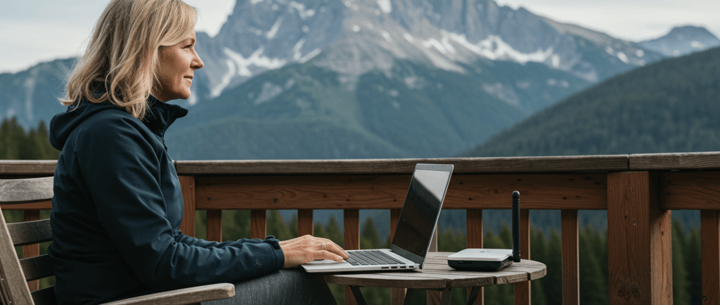 women working from the mountains using wireless travel router