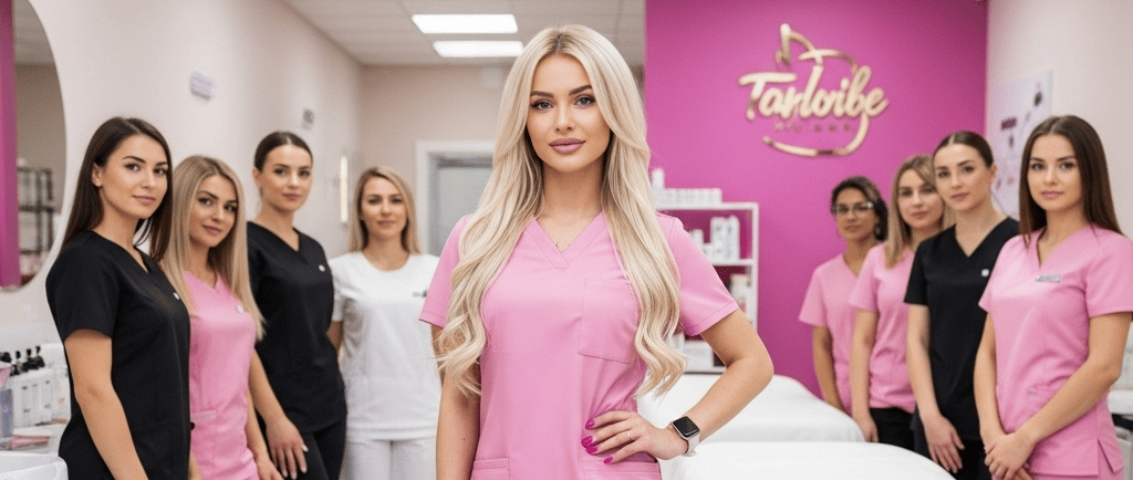 a woman in pink scrubs standing in a room with other beauticians