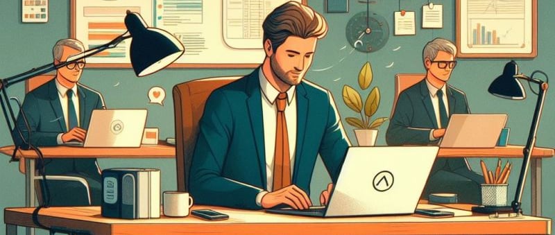 a man in a suit and tie is sitting at a desk with a laptop