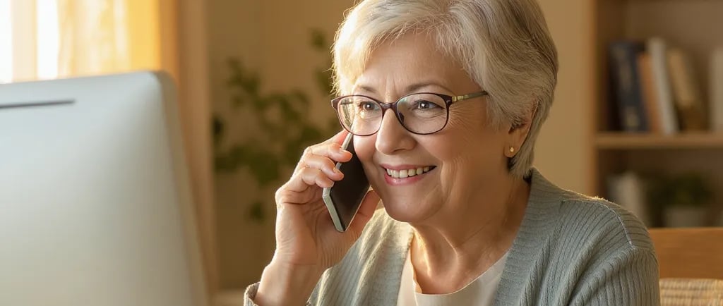 Warm, relaxing photo of a senior woman in her 70s, talking on her phone while sitting in front of a computer