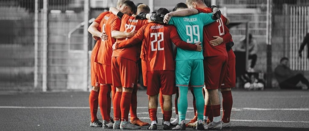a group of soccer players huddle around a soccer field