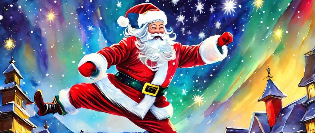 illustration of Santa Claus jumping agilely and happily across the rooftops