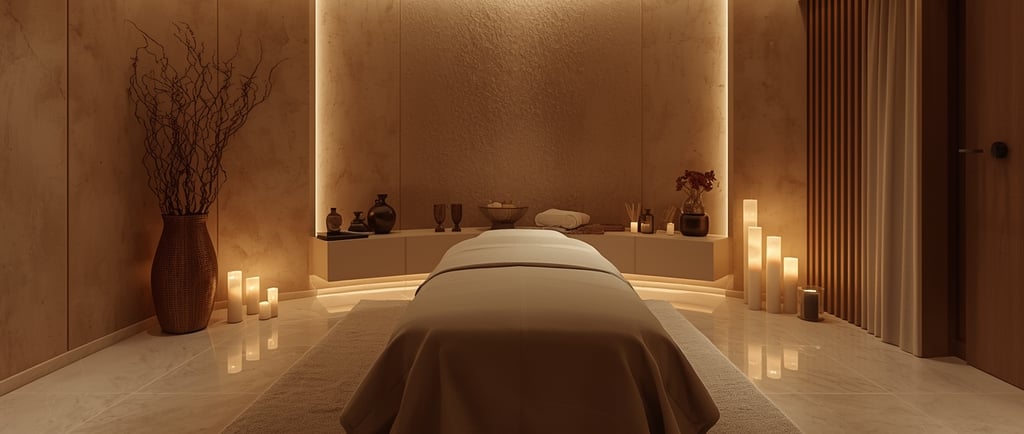 a massage room with a massage table and candles