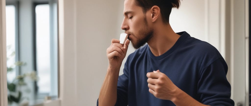 A woman holding a pill in her mouth