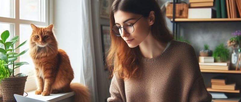 a woman sitting at a desk with a cat