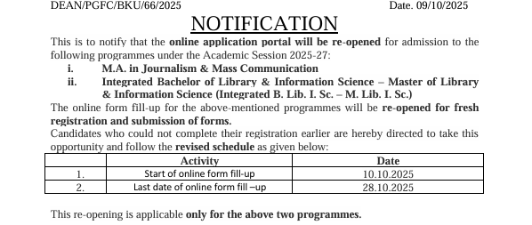 Re-admission notification, Bankura University