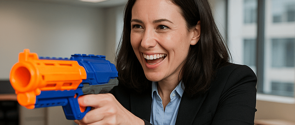 a woman in a suit and tie is holding a nerfet gun