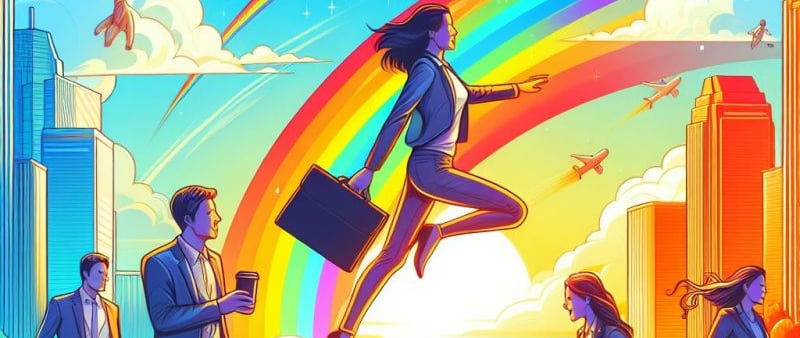 a woman jumping over a rainbow - colored cityscapeople