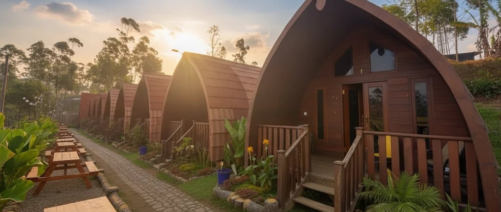 Pondok-pondok kayu unik dengan atap melengkung berjejer di area penginapan, dikelilingi taman, dengan latar belakang pohon da