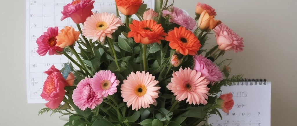 flowers in pot in front of wall calendar