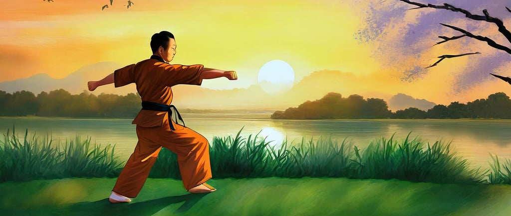 ilustración de practicante de artes marciales en el campo junto a un lago