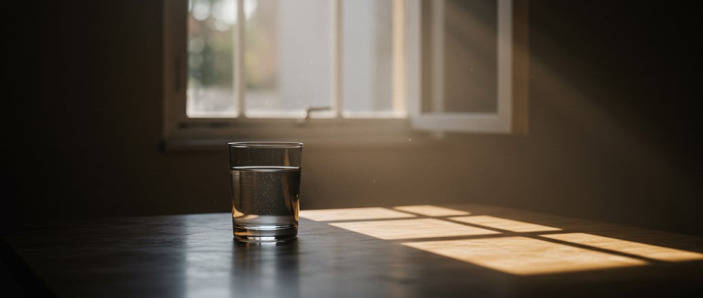 Luz suave da manhã atravessa a janela e repousa sobre um copo imóvel.
