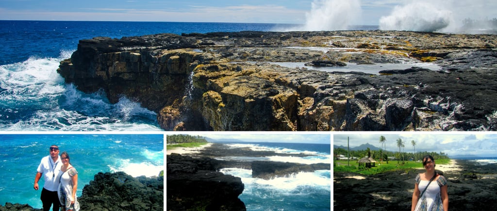 Autora e guia observando os Blowholes de Alofaga, com o mar agitado e a força da natureza ao fundo em Pago Pago.