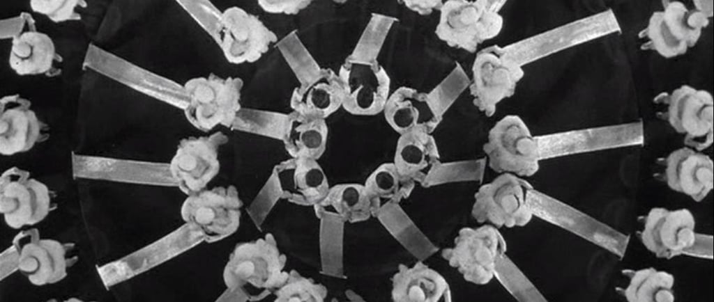 Overhead kaleidoscope of Busby Berkeley chorus girls with ribbons in 42nd Street (1933) “Young and H