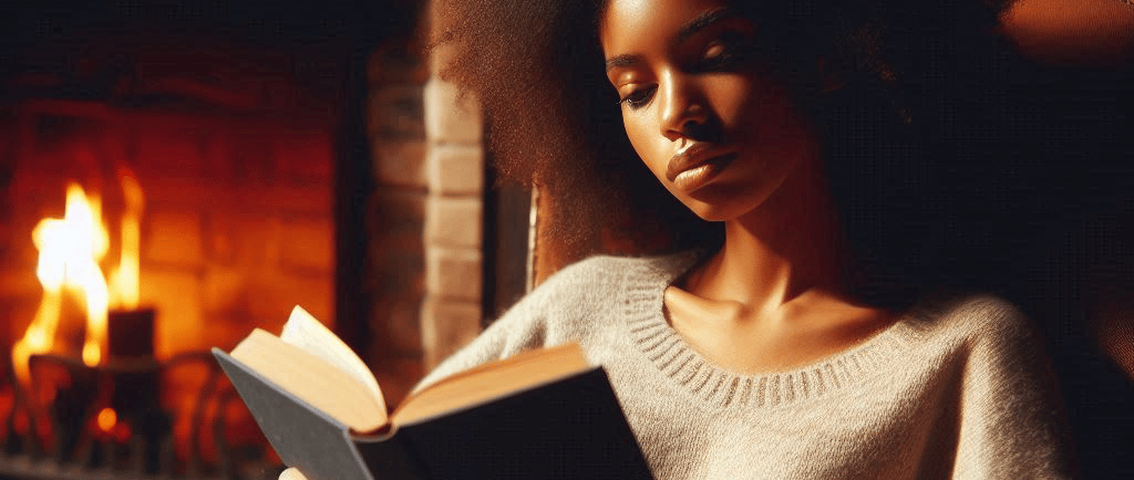 A woman with big hair sitting and reading a book in front of a roaring fire in the fireplace